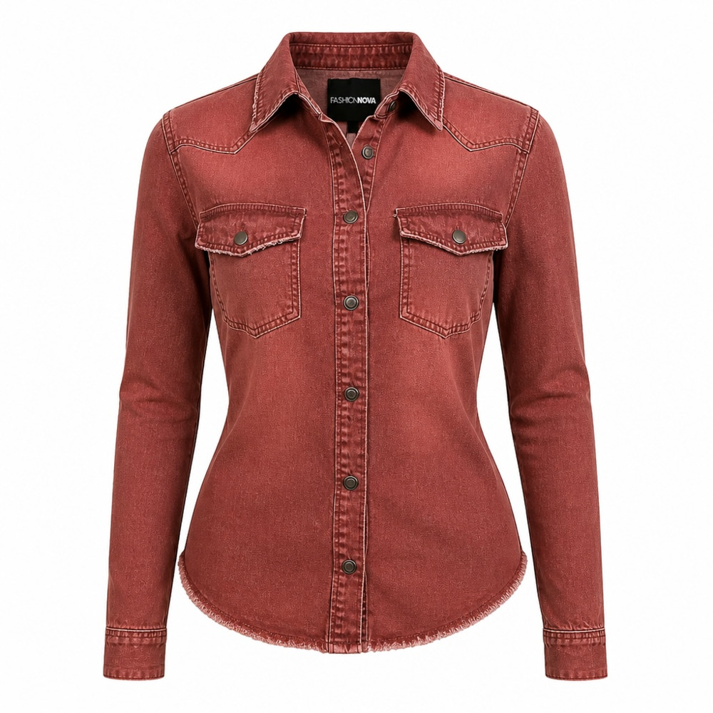 Fashion Nova Women's Long Sleeve Raw Hem Western Button-Up Denim Shirt in Red